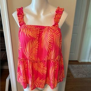 Women's Hot Pink & Orange Palm-Print Ruffled Tank Top